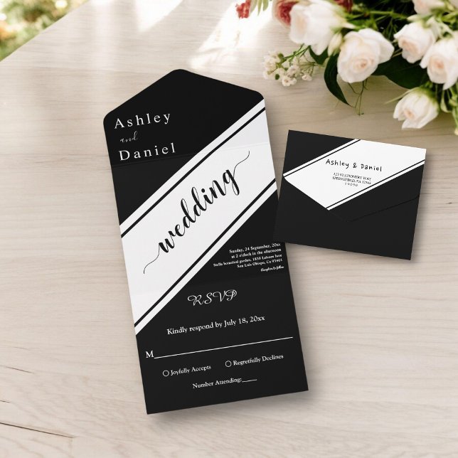 Elegante, moderne Schwarz-Weiß-Chic-Hochzeit All In One Einladung (Von Creator hochgeladen)