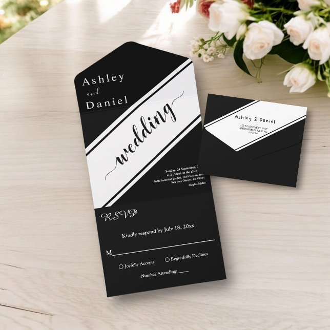 Elegante, moderne Schwarz-Weiß-Chic-Hochzeit All In One Einladung (Von Creator hochgeladen)