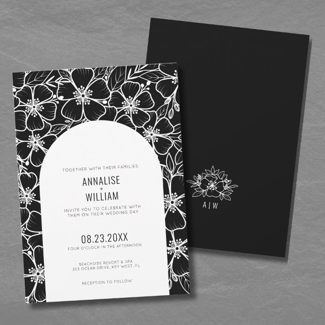 Elegante Moderne Schwarz-weiße Blumenhochzeit Einladung (Elegant Modern Black White Floral Wedding Invitation)