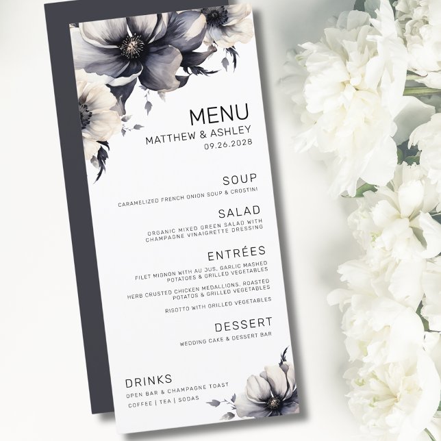 Elegante Moderne Schwarz-weiße Blumenhochzeit Menükarte (Simple Elegant Modern Floral Black White Wedding Menu)