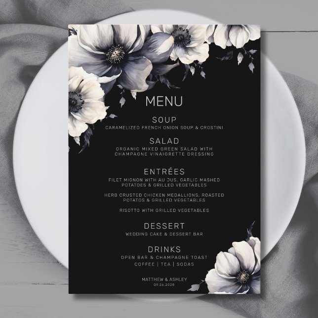 Elegante Moderne Schwarze Anemone Blumenhochzeit Menükarte (Elegant Black Floral Wedding Menu)