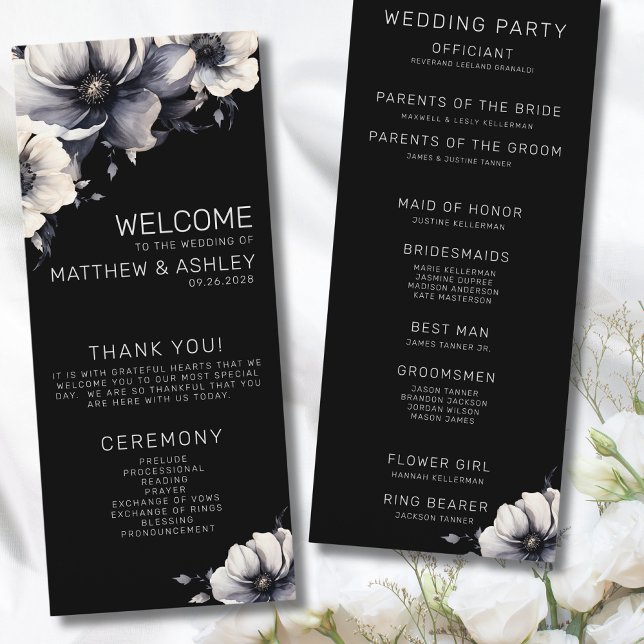 Elegante moderne schwarze florale Hochzeit Programm (Elegant Modern Floral White Black Wedding Program)