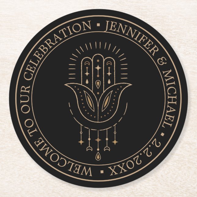 elegante, moderne, schwarze goldene Hochzeit Runder Pappuntersetzer (Vorderseite)