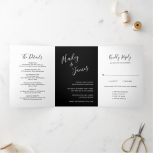 Elegante moderne schwarze Hochzeit Dreifach Gefaltete Einladung