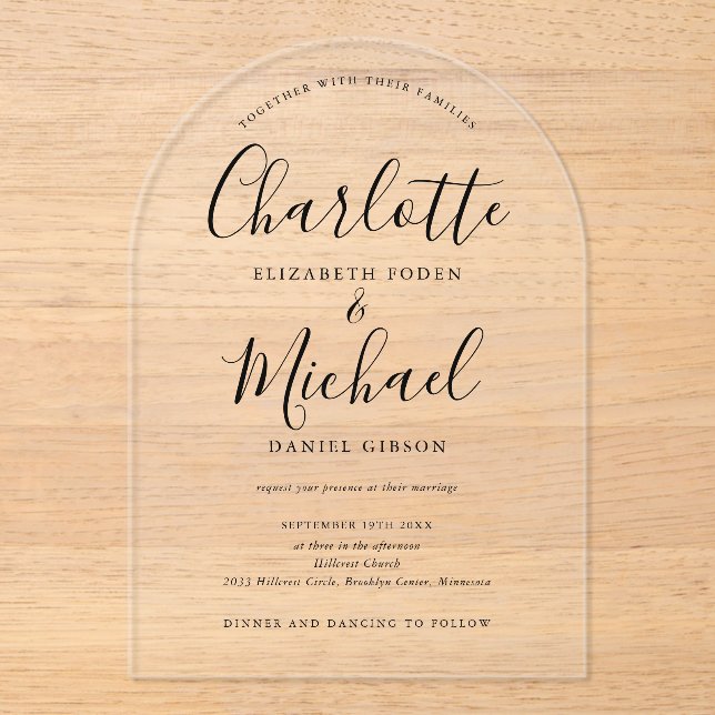 Elegante Moderne Schwarze Signatur Script Arch Wed Acryleinladungen (Vorderseite)