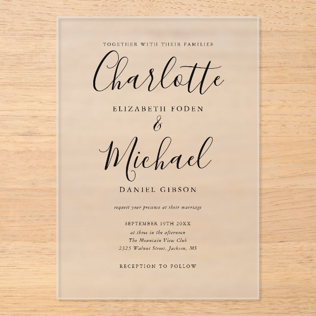 Elegante moderne Schwarze Signatur-Script-Hochzeit Acryleinladungen (Vorderseite)