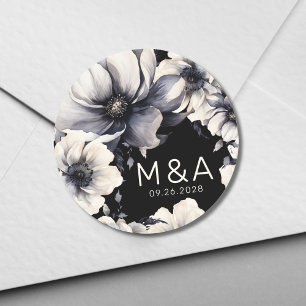 Elegante moderne schwarze weiße Blumenhochzeit Runder Aufkleber