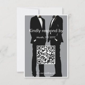 Elegante, moderne Schwule, die QR-Code hochhalten RSVP Karte