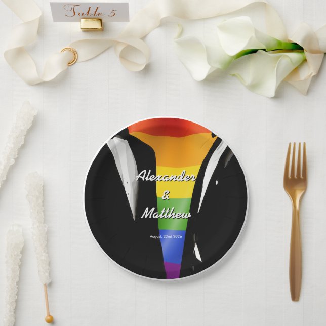 Elegante moderne schwule Hochzeit Regenbogen Pappteller (Hochzeit)