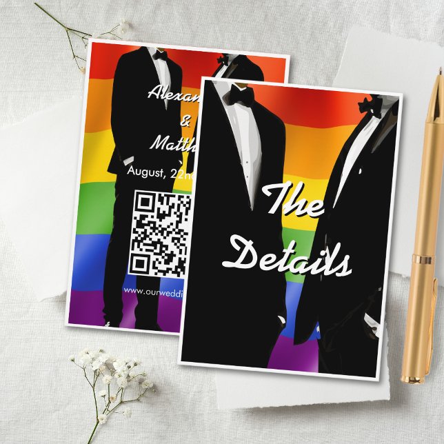 Elegante moderne schwule Hochzeit Regenbogen QR-Co Begleitkarte (Von Creator hochgeladen)