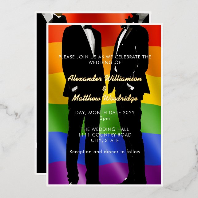 Elegante moderne schwule Männer Hochzeit Regenboge Folieneinladung (Vorderseite/Rückseite)