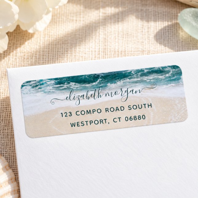 Elegante moderne Script Beach Ocean Rücksendeadres (Von Creator hochgeladen)