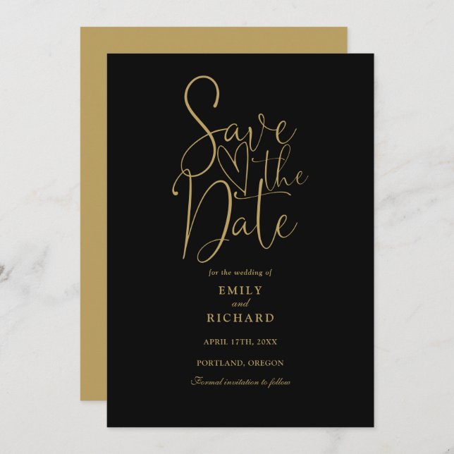 Elegante moderne Script Black and Gold Hochzeit Save The Date (Vorne/Hinten)