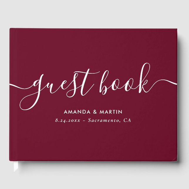 Elegante moderne Script Burgundy Wedding Gästebuch (Vorderseite)