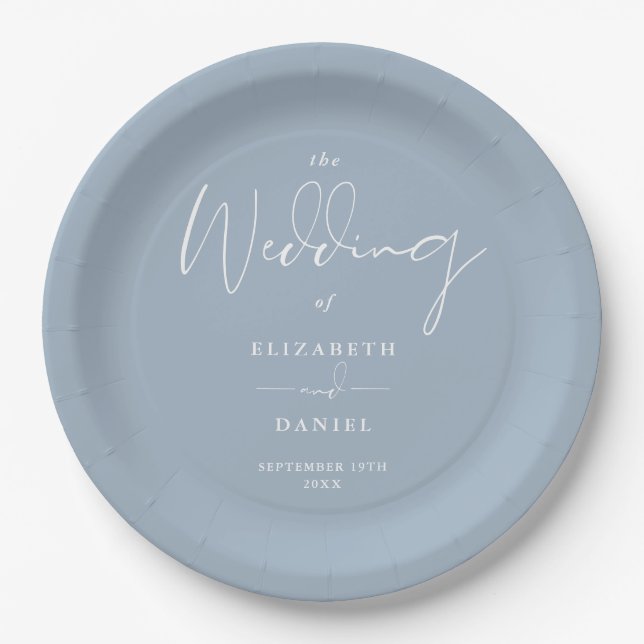 Elegante moderne Script Dusty Blue Wedding Pappteller (Vorderseite)