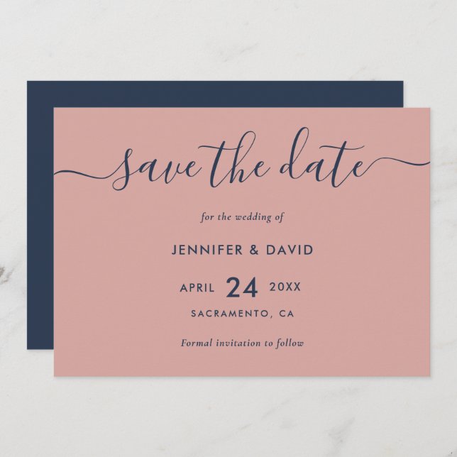Elegante moderne Script Navy Blue and Blush Weddin Save The Date (Vorne/Hinten)