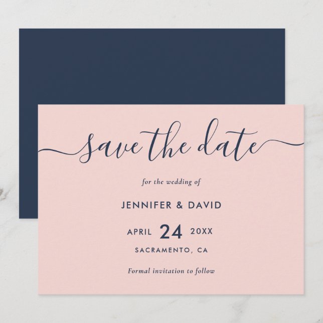 Elegante moderne Script Navy Blue and Blush Weddin Save The Date (Vorne/Hinten)