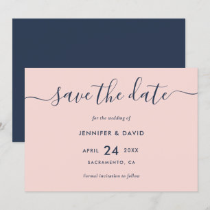 Elegante moderne Script Navy Blue and Blush Weddin Save The Date