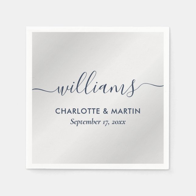 Elegante moderne Script Navy Blue und Silver Weddi Serviette (Vorderseite)
