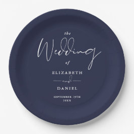 Elegante moderne Script Navy Blue Wedding Pappteller