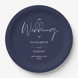 Elegante moderne Script Navy Blue Wedding Pappteller