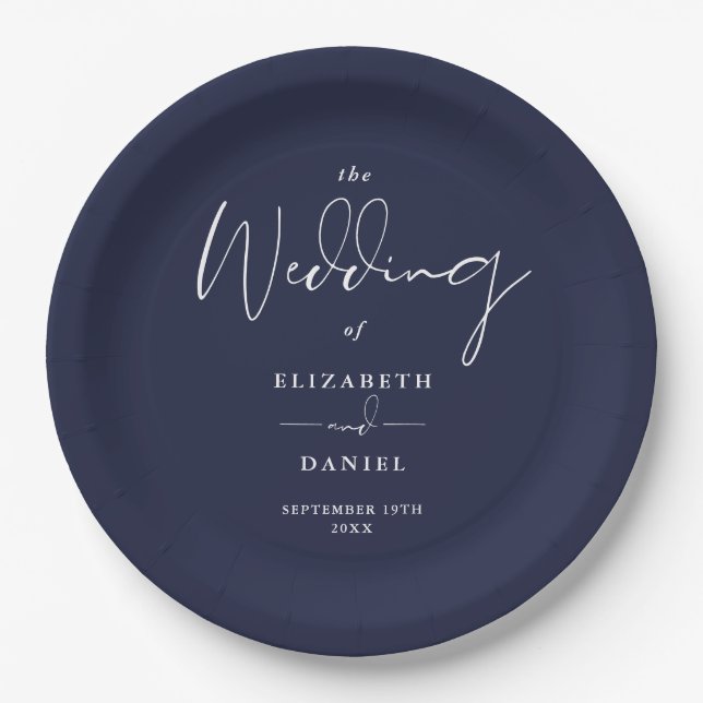 Elegante moderne Script Navy Blue Wedding Pappteller (Vorderseite)