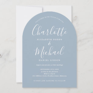 Elegante moderne Signatur Dusty Blue Arch Wedding Einladung