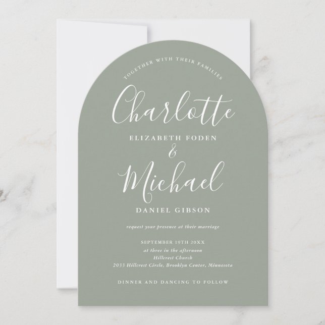 Elegante Moderne Signature Sage Green Arch Wedding Einladung (Vorderseite)