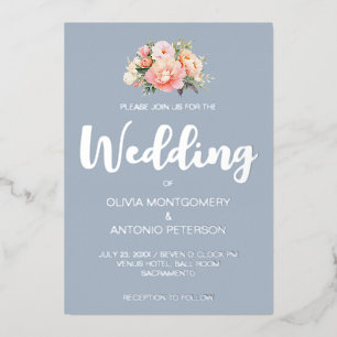 Elegante moderne Silve Pink Peony Dusty Blue Weddi Folieneinladung