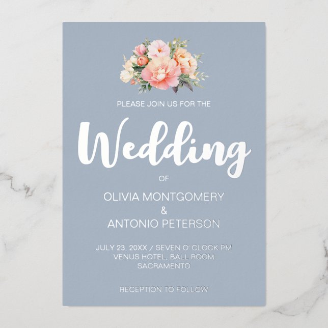 Elegante moderne Silve Pink Peony Dusty Blue Weddi Folieneinladung (Vorderseite)