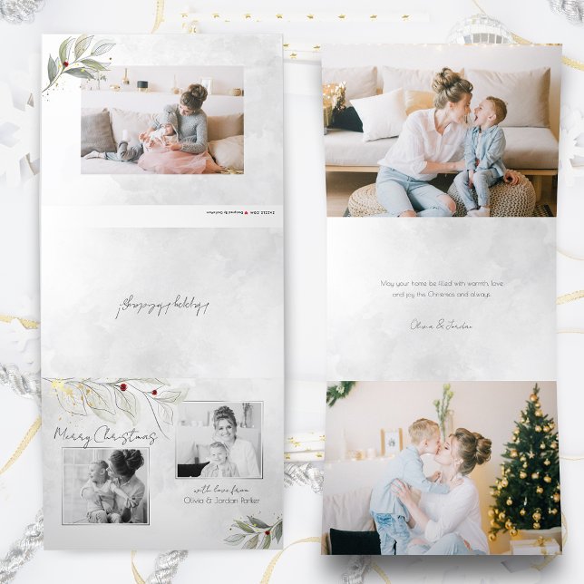 Elegante Moderne Silver Christmas Floral 2-Foto Dreifach Gefaltete Urlaubskarte (Von Creator hochgeladen)