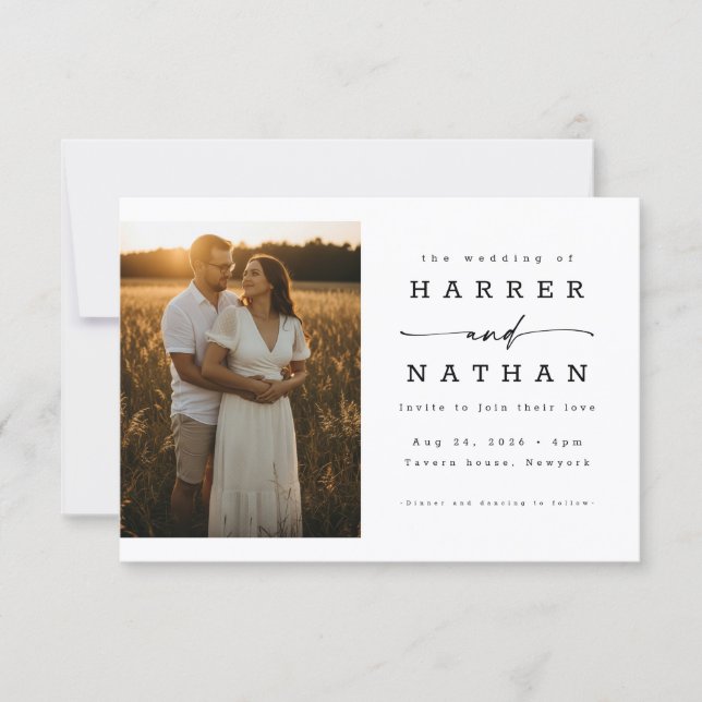 Elegante moderne Skript-Foto-QR-Code-Hochzeit Einladung (Vorderseite)