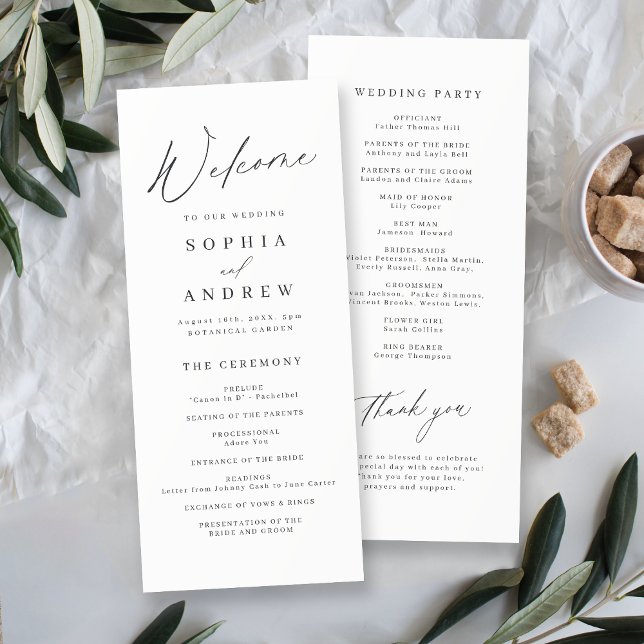 Elegante, moderne skriptminimalistische Hochzeit Programm (Elegant modern script minimalist wedding program)