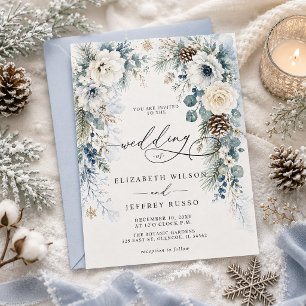 Elegante moderne staubblaue florale Winterhochzeit Einladung