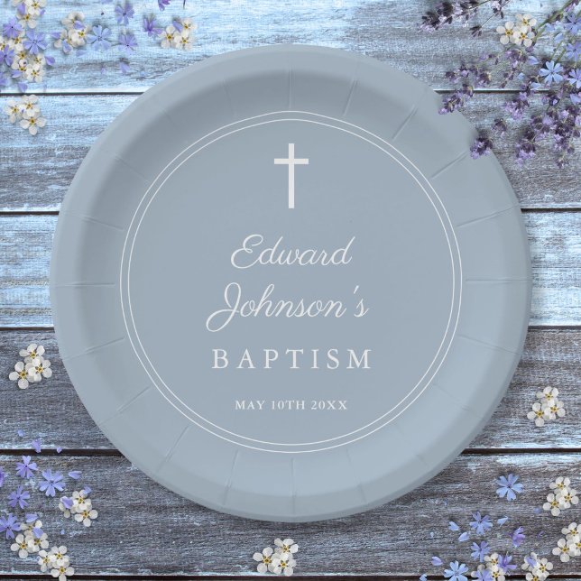 Elegante moderne staubblaue Taufe Pappteller (Elegant Modern Dusty Blue Baptism Paper Plates)