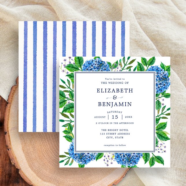 Elegante moderne Stripes Blue Hydrangeas Wedding Einladung (Front / Back)
