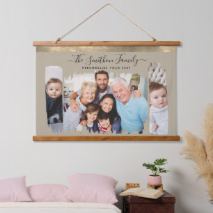 Elegante moderne Taupe & Gold - Ihre Foto-Familie Wandteppich Mit Holzrahmen