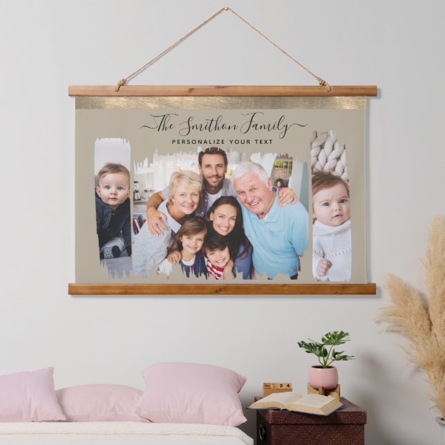 Elegante moderne Taupe & Gold - Ihre Foto-Familie  Wandteppich Mit Holzrahmen (Schlafzimmer)