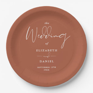 Elegante moderne Terrakotta-Hochzeitsschrift Pappteller