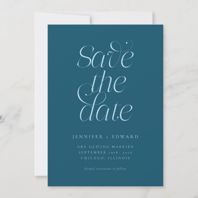 Elegante moderne Typografie Teal-Hochzeit Save The Date (Vorderseite)