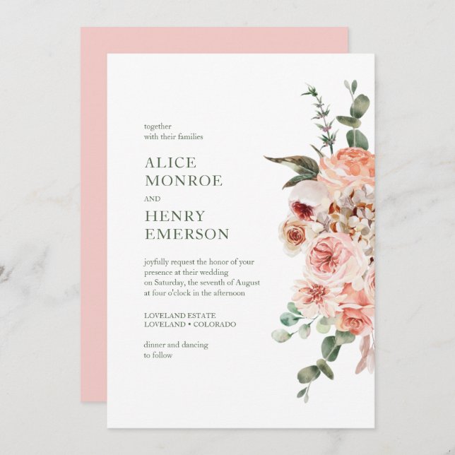 Elegante Moderne Wasserfarbe Rosa Rosen Hochzeit Einladung (Vorne/Hinten)