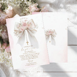 Elegante moderne Wasserfarbe rosa Schleife Taufe K Einladung