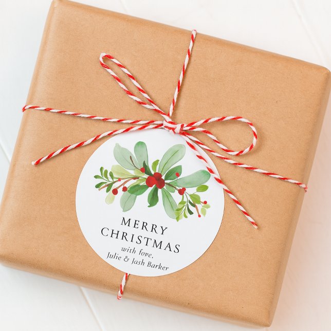 Elegante Moderne Wasserfarbe Weihnachten Botanisch Runder Aufkleber (Von Creator hochgeladen)