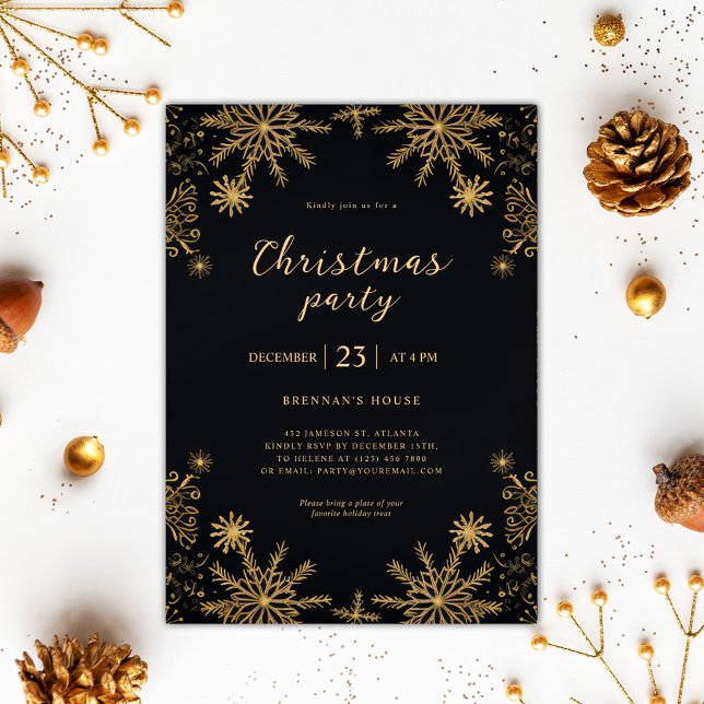 Elegante Moderne Weihnachten Schwarz und Gold Fest Einladung (Elegant Modern Christmas Black And Gold Festive Invitation)
