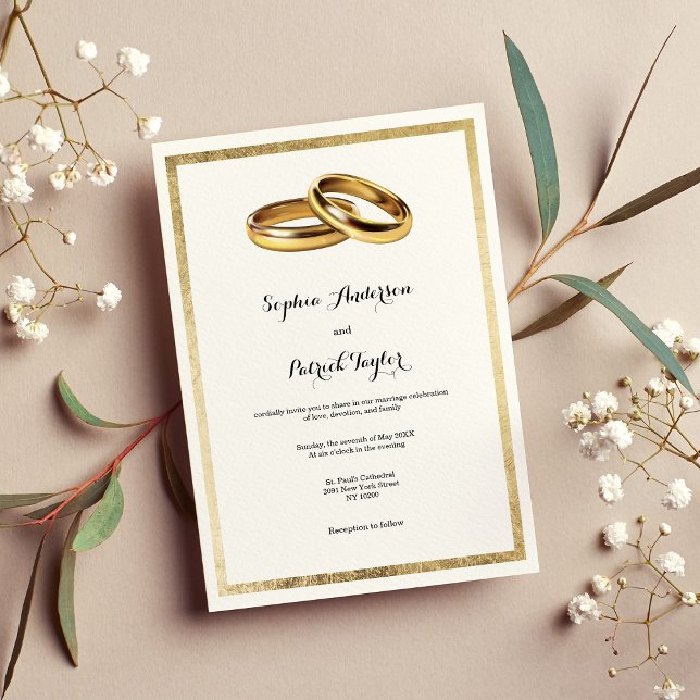 Elegante, moderne, weiße goldene Ringe Hochzeit Einladung (Elegant modern white gold rings Wedding Invitation )