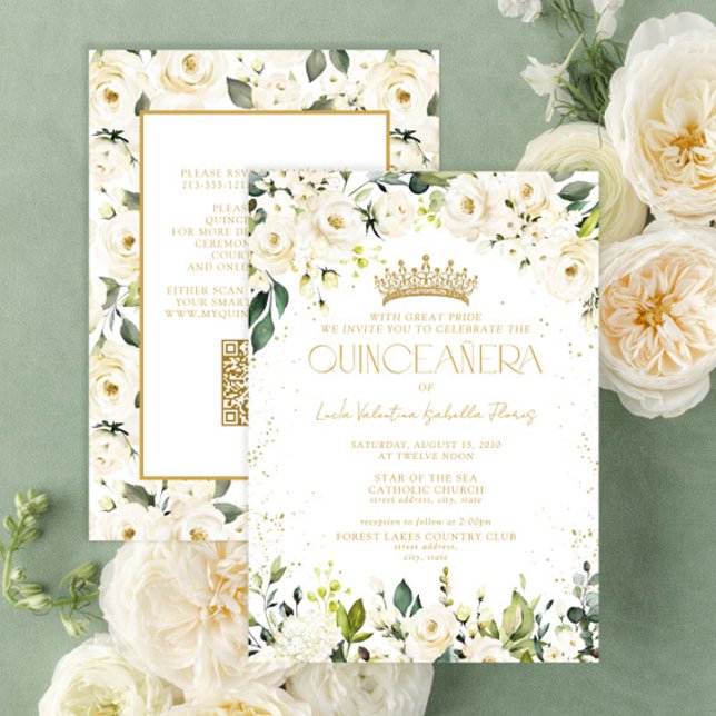 Elegante moderne White Gold Floral QR Quinceañera Einladung (Von Creator hochgeladen)