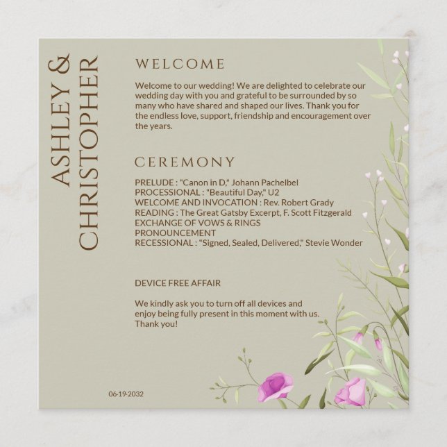 Elegante Moderne Wildblume Taupe Wedding Programm (Vorderseite)