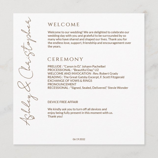 Elegante Moderne Wildblume White & Bronze Wedding Programm (Vorderseite)