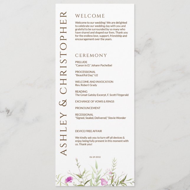 Elegante Moderne Wildblume White & Bronze Wedding Programm (Vorderseite)
