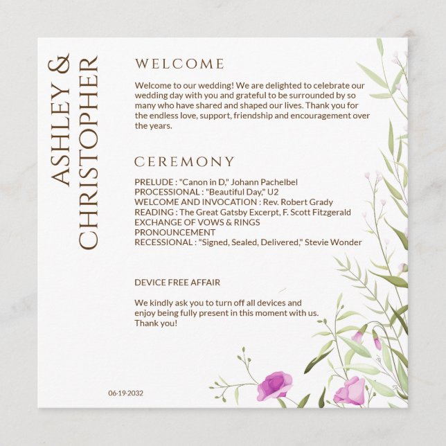 Elegante Moderne Wildblume White & Bronze Wedding Programm (Vorderseite)